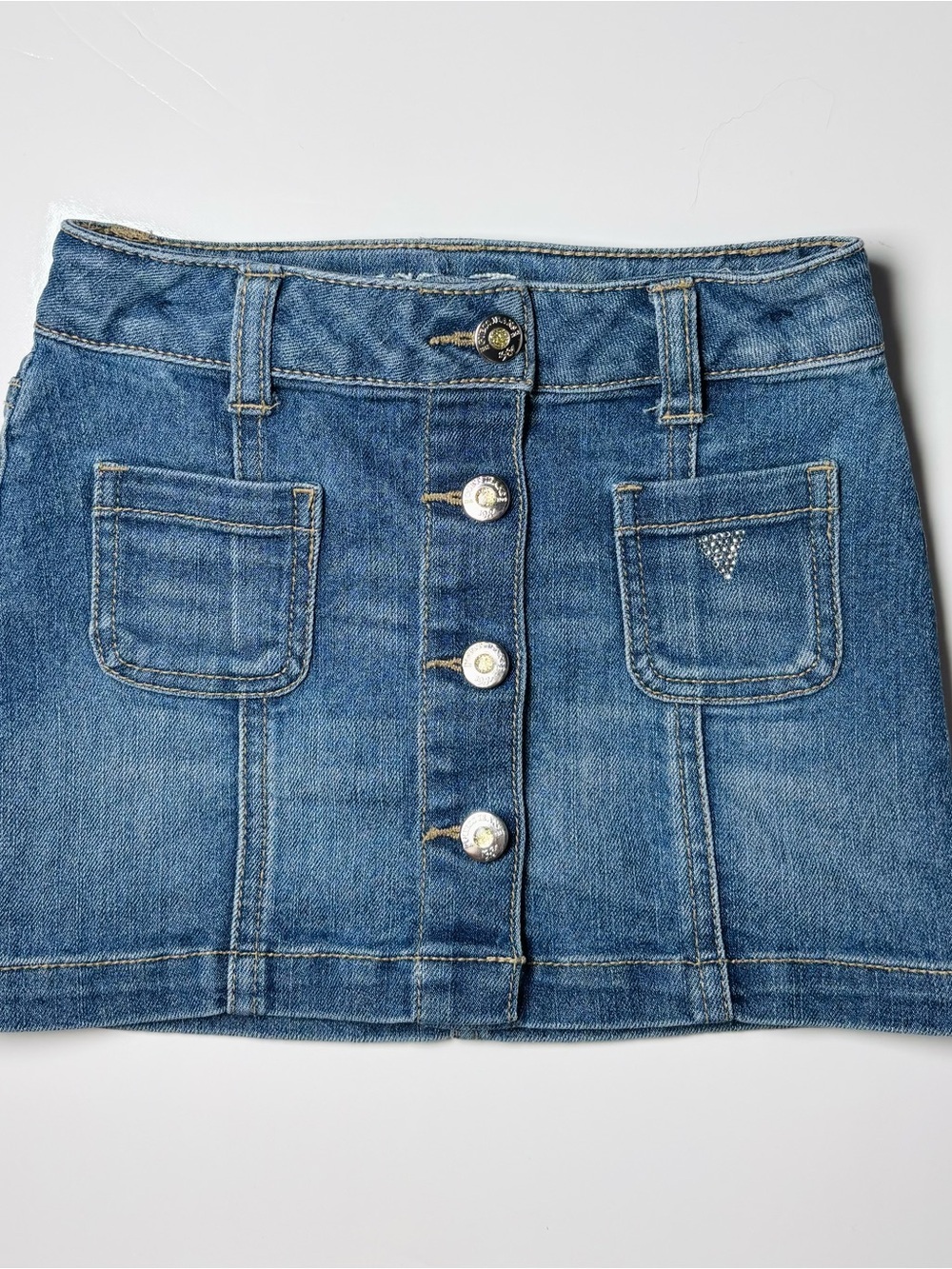 GUESS Jeans Girl Button Front Denim Skirt Rhinestones Size 4 Preppy Summer